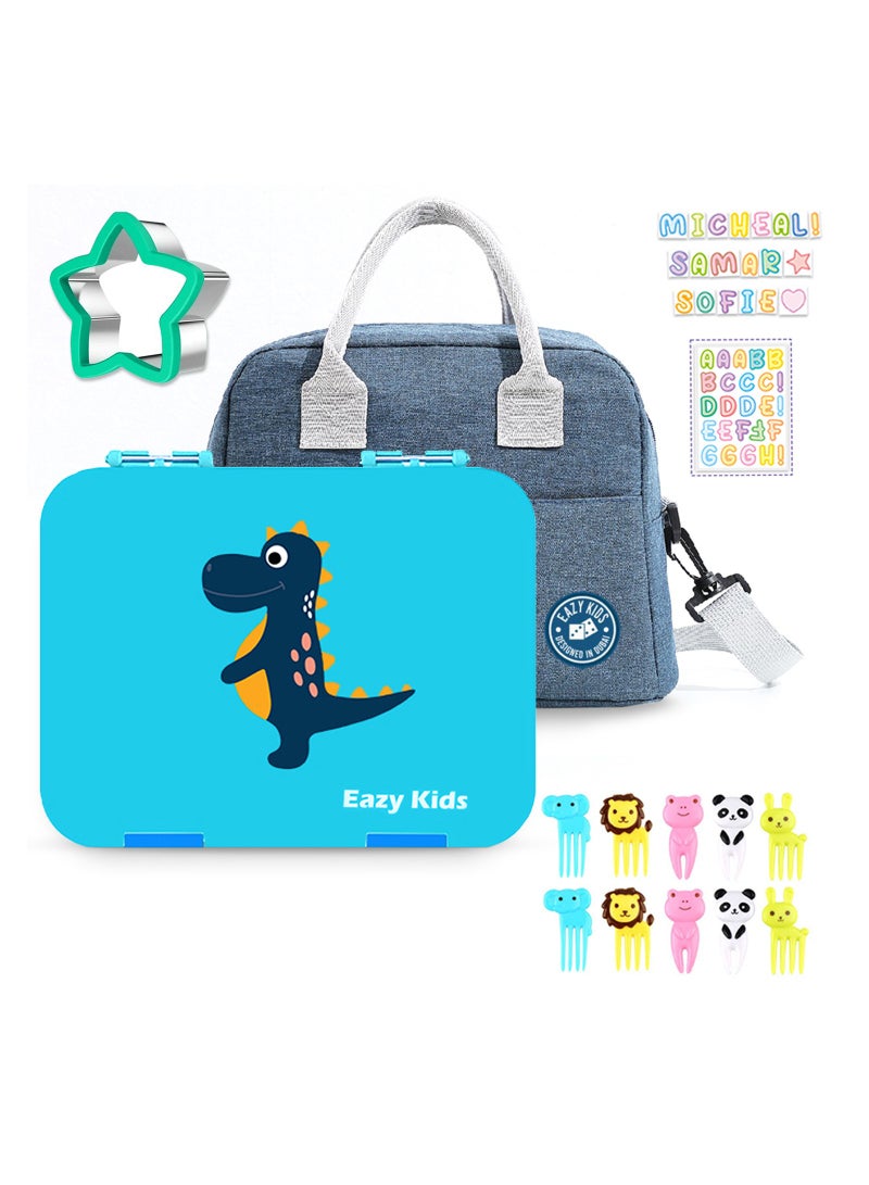 Eazy Kids Dinosaur 6/4 Compartment Bento Lunch Box w/ Lunch Bag-Blue - Image 1
