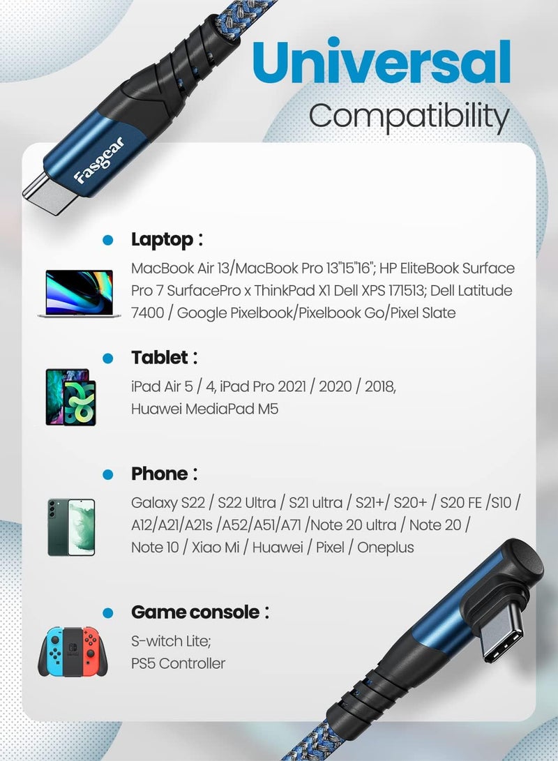 Fasgear كابل USB C إلى USB C، 3 عبوات بطول 1 قدم 60 واط من النوع C إلى النوع C بزاوية قائمة 90 درجة، كابل شحن سريع PD متوافق مع Galaxy S22 S21 S20 Mac-Book i-Pad Pro i-Pad Air (أزرق) - Image 5