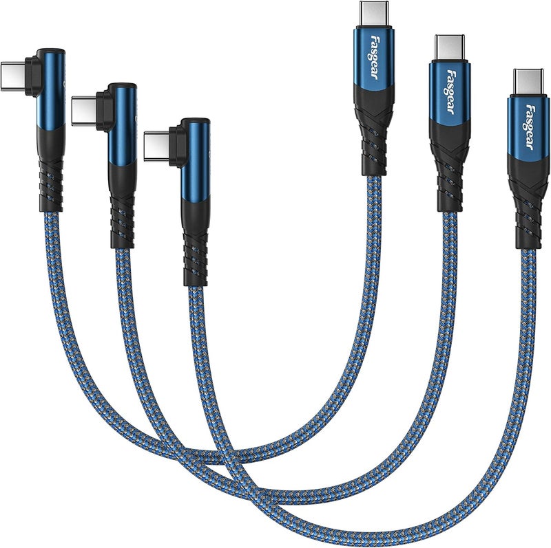 Fasgear كابل USB C إلى USB C، 3 عبوات بطول 1 قدم 60 واط من النوع C إلى النوع C بزاوية قائمة 90 درجة، كابل شحن سريع PD متوافق مع Galaxy S22 S21 S20 Mac-Book i-Pad Pro i-Pad Air (أزرق) - Image 1