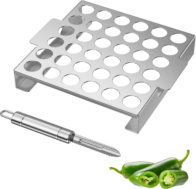Skyflame Jalapeno Grill Rack with Handle and Chili Pepper Corer Tool - Large 36 Holes Capacity Stainless Steel Drumstick Chicken Wings Roaster for BBQ Smoker and Oven - Image 1