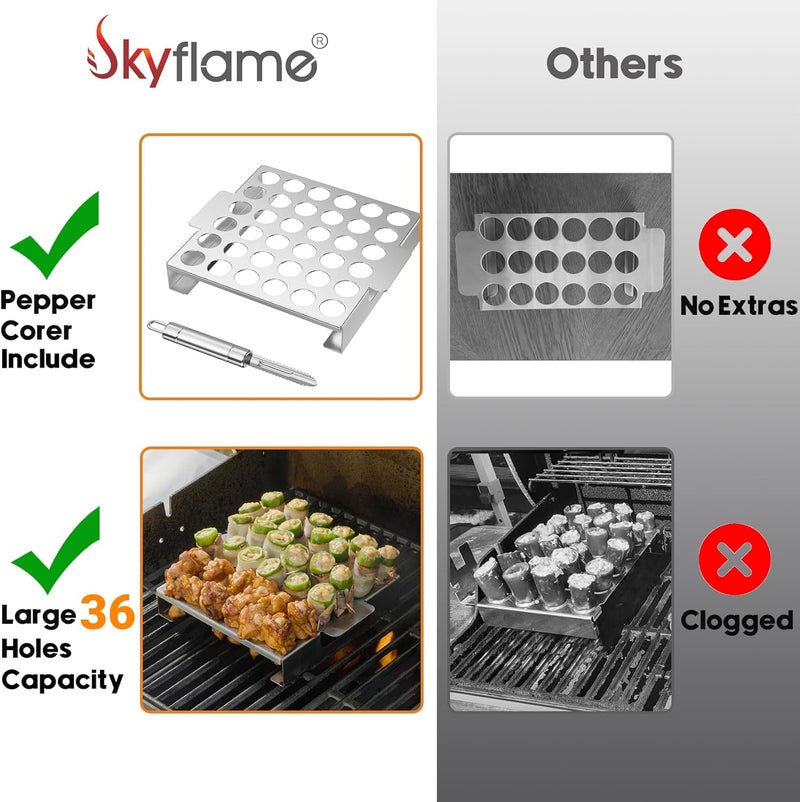 Skyflame Jalapeno Grill Rack with Handle and Chili Pepper Corer Tool - Large 36 Holes Capacity Stainless Steel Drumstick Chicken Wings Roaster for BBQ Smoker and Oven - Image 3