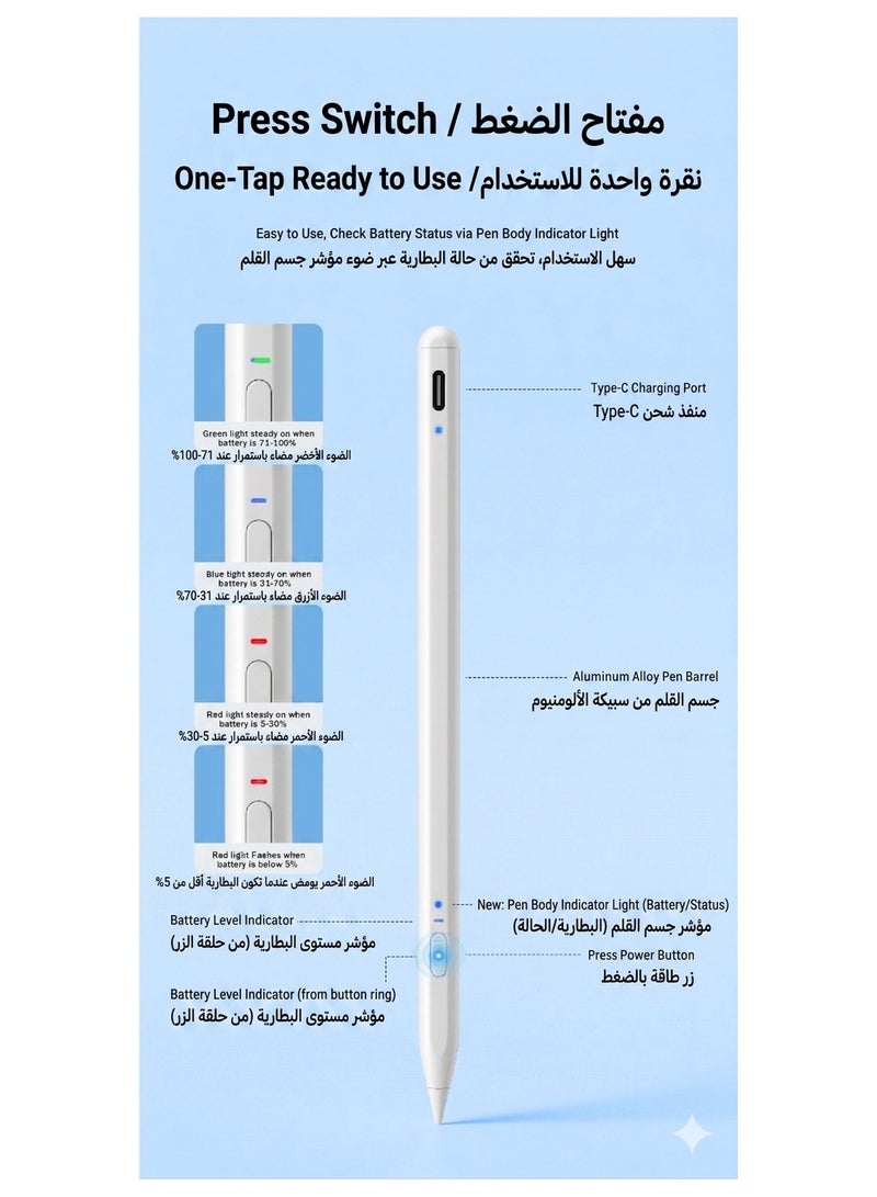 باروكس قلم ايباد ستايلس ذكي احترافي متوافق مع جميع أجهزة iPad من 2018 حتى 2026 – يدعم الجيل 11 وiPad A16 والجيل العاشر والتاسع والثامن والسابع والسادس وiPad Pro وiPad Air وiPad Mini – كتابة دقيقة وسلسة بدون تأخير – يدعم راحة اليد (Palm Rejection) – شحن سريع USB-C خلال  دقايق– بطارية تدوم حتى 40 ساعة – تشغيل باللمس – يشمل 2 رؤوس إضافية – مخصص لأجهزة الايباد فقط وغير متوافق مع أجهزة أندرويد مثلا لايدعم هواوي وهونر - Image 2