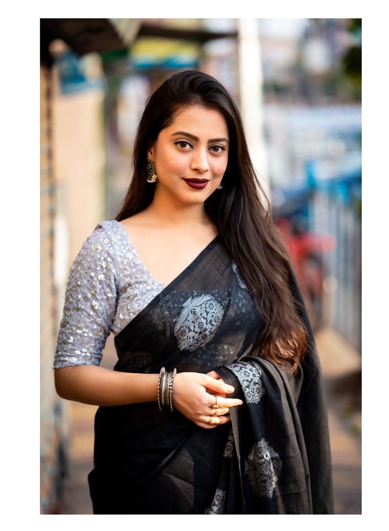 Grab Mantra Linen Cotton Black Silver Weaving Design Sari With Silver Sequence Work Unstitched Blouse  - Image 5
