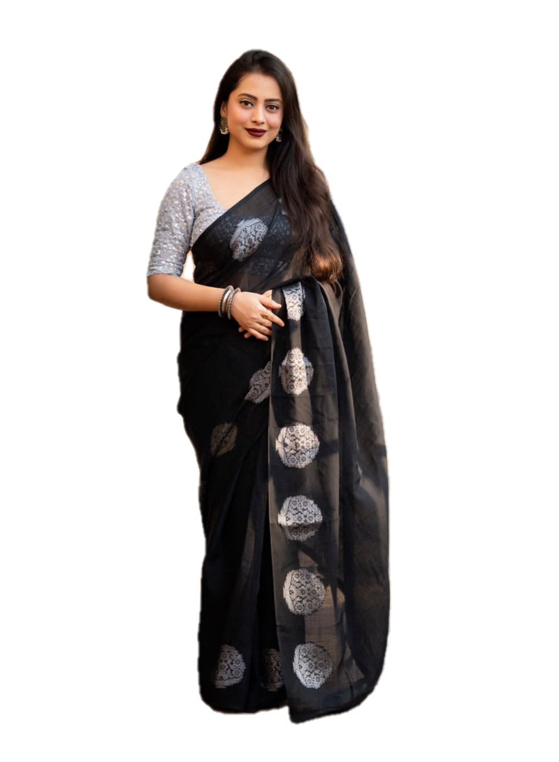 Grab Mantra Linen Cotton Black Silver Weaving Design Sari With Silver Sequence Work Unstitched Blouse  - Image 2
