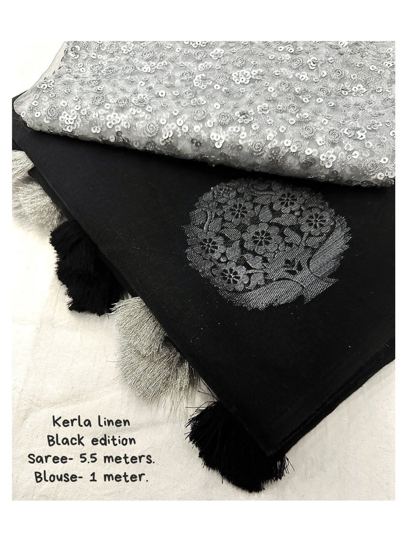 Grab Mantra Linen Cotton Black Silver Weaving Design Sari With Silver Sequence Work Unstitched Blouse  - Image 4