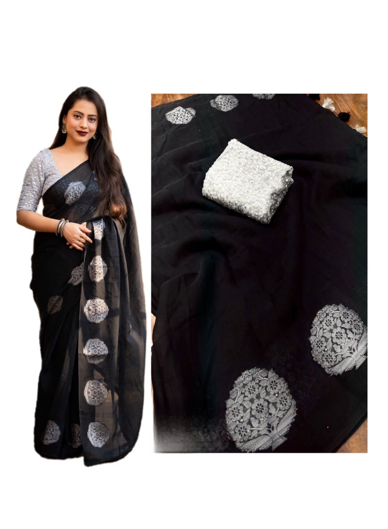Grab Mantra Linen Cotton Black Silver Weaving Design Sari With Silver Sequence Work Unstitched Blouse  - Image 1