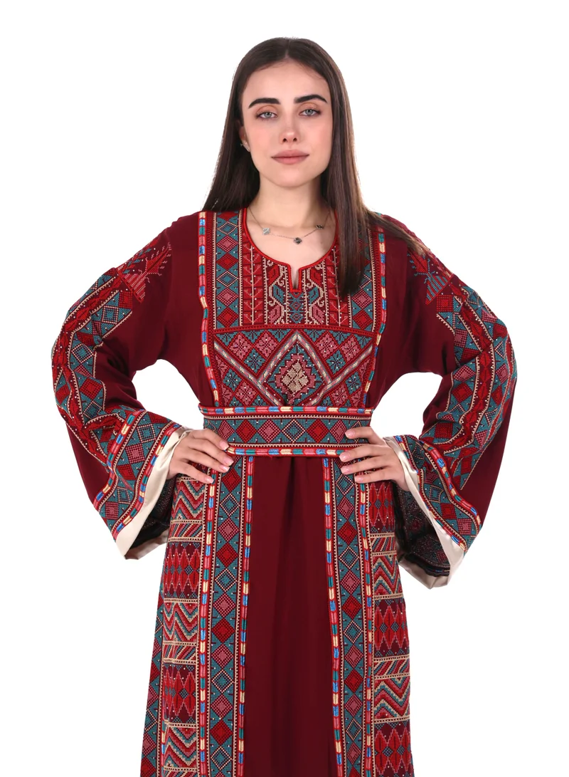 AL BENT AL SHARQIEH Burgundy Women jalabiya dress- Embroidered Belted Kaftan Abaya for Women | Best Price UAE