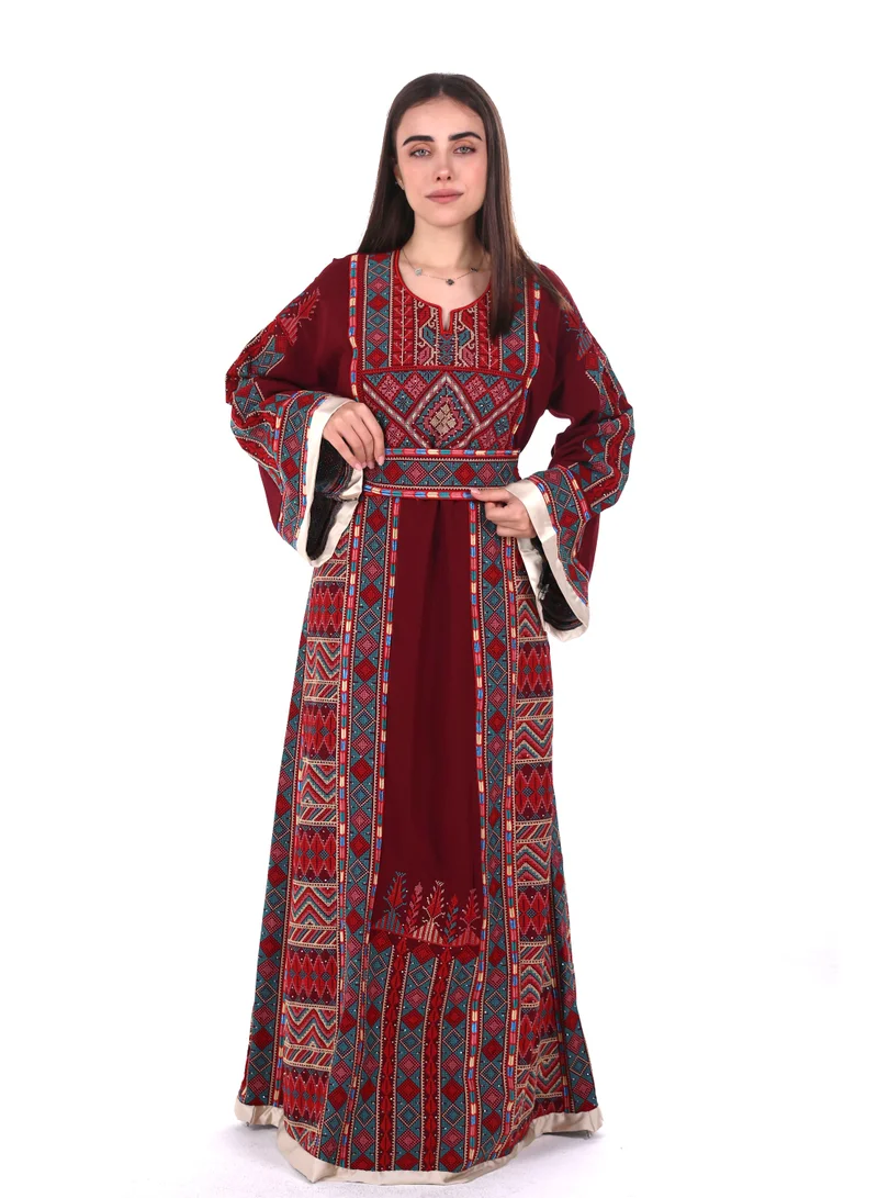 AL BENT AL SHARQIEH Burgundy Women jalabiya dress- Embroidered Belted Kaftan Abaya for Women | Best Price UAE