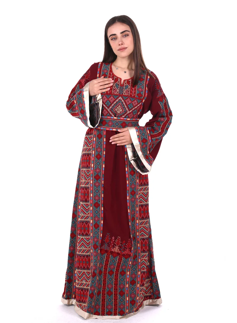 AL BENT AL SHARQIEH Burgundy Women jalabiya dress- Embroidered Belted Kaftan Abaya for Women | Best Price UAE