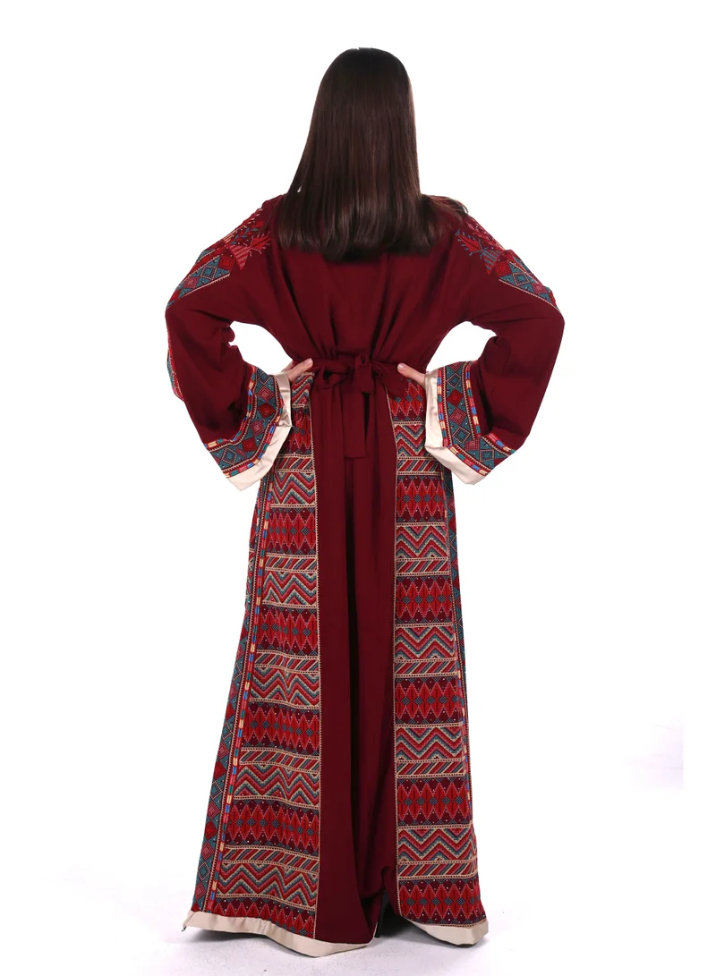 AL BENT AL SHARQIEH Burgundy Women jalabiya dress- Embroidered Belted Kaftan Abaya for Women | Best Price UAE