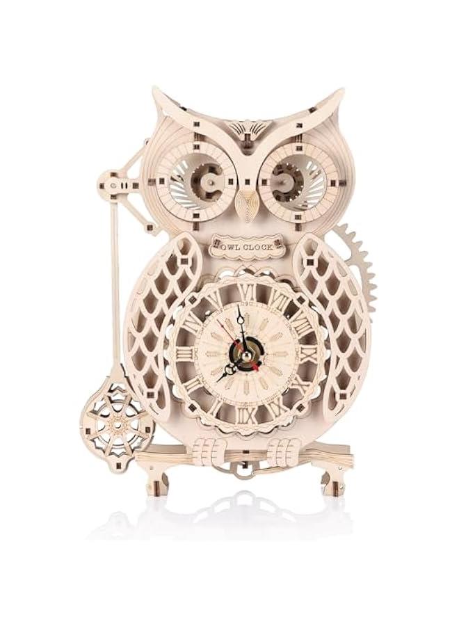 مجموعة ألغاز خشبية ثلاثية الأبعاد مثالية: عجلات فيريس موسيقية ميكانيكية، وفانوس، وساعة بومة، وصندوق كلمة مرور سرية - مجموعات حرفية يدوية لعشاق (ساعة بومة) - Image 1