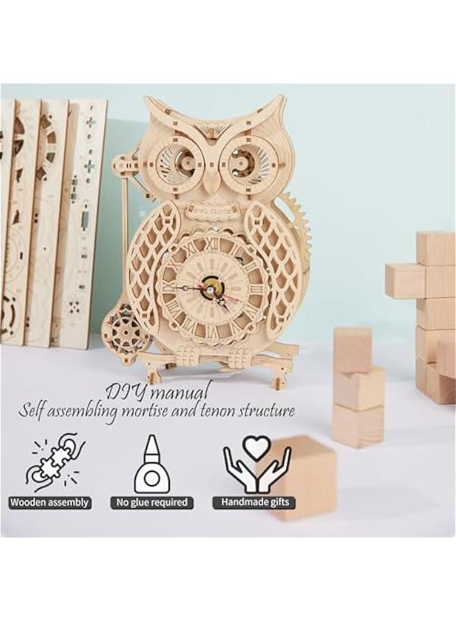 مجموعة ألغاز خشبية ثلاثية الأبعاد مثالية: عجلات فيريس موسيقية ميكانيكية، وفانوس، وساعة بومة، وصندوق كلمة مرور سرية - مجموعات حرفية يدوية لعشاق (ساعة بومة) - Image 2