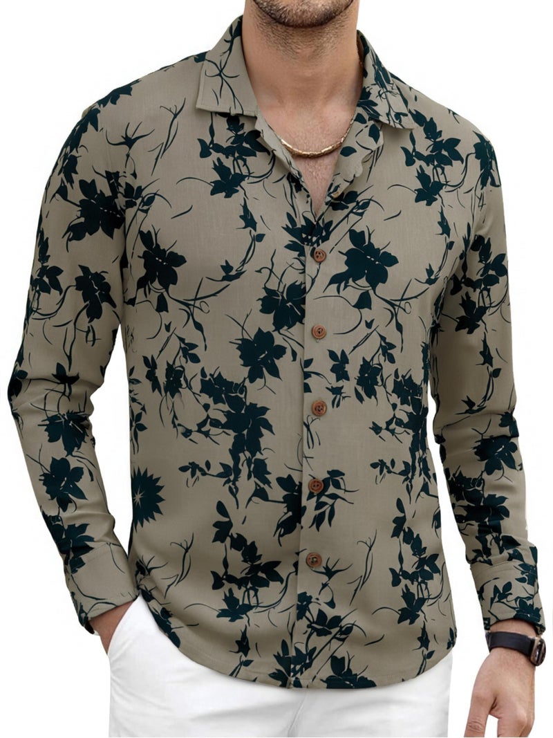 Alex Vando Mens Print Button Down Shirts Linen Cotton Camp Collar Long Sleeve Casual Shirts,Khaki Leaf,L - Image 2