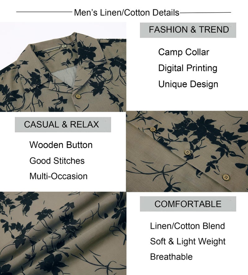 Alex Vando Mens Print Button Down Shirts Linen Cotton Camp Collar Long Sleeve Casual Shirts,Khaki Leaf,L - Image 5