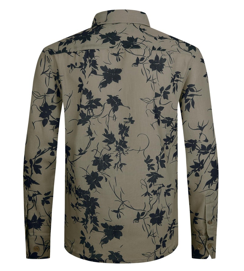 Alex Vando Mens Print Button Down Shirts Linen Cotton Camp Collar Long Sleeve Casual Shirts,Khaki Leaf,L - Image 4