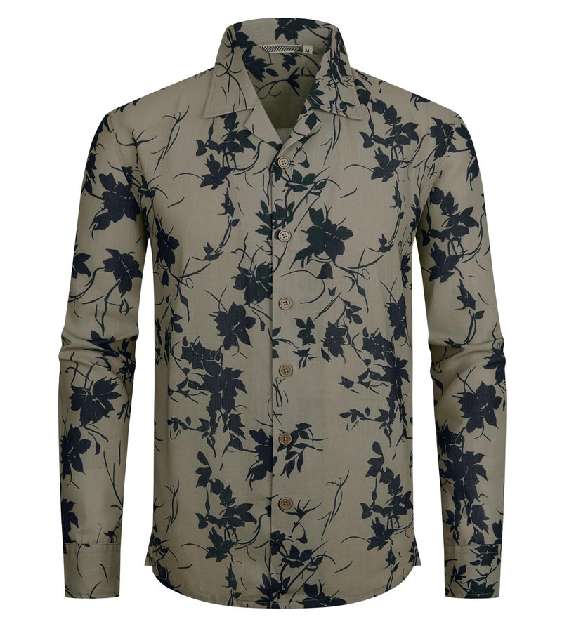 Alex Vando Mens Print Button Down Shirts Linen Cotton Camp Collar Long Sleeve Casual Shirts,Khaki Leaf,L - Image 1