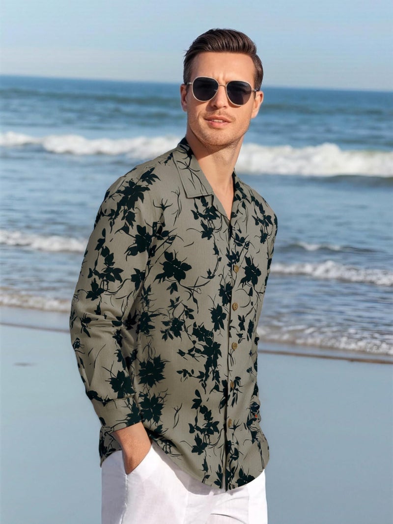 Alex Vando Mens Print Button Down Shirts Linen Cotton Camp Collar Long Sleeve Casual Shirts,Khaki Leaf,L - Image 3
