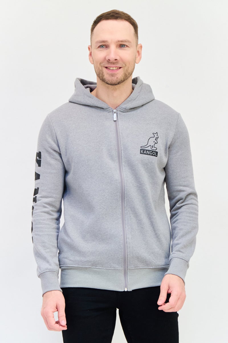 KANGOL Men Brand Logo Full Zip Long Sleeves Hoodie, Grey  - Image 1