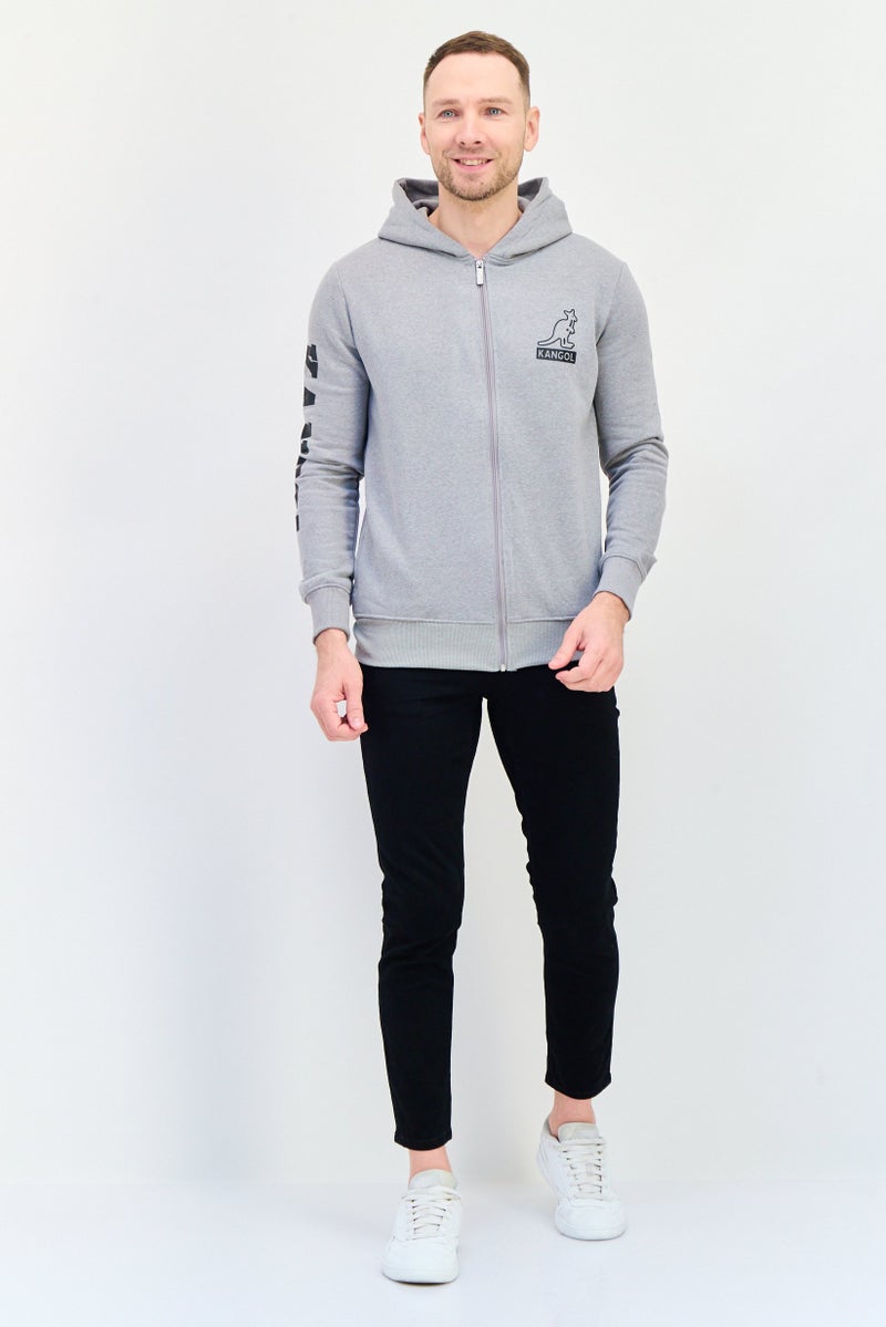 KANGOL Men Brand Logo Full Zip Long Sleeves Hoodie, Grey - Image 4