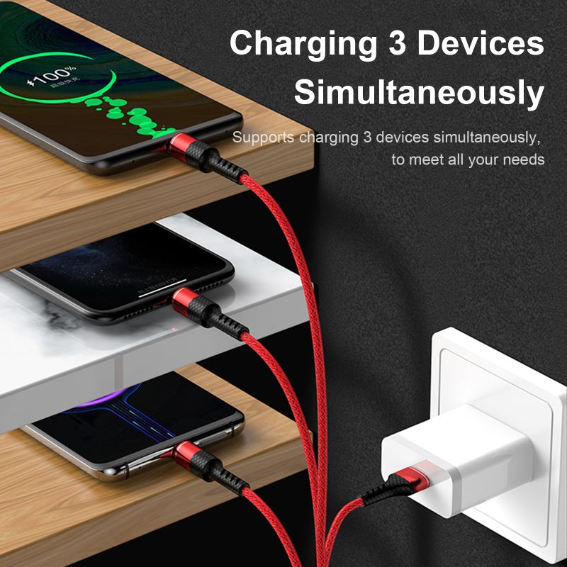 كابل شحن USB 3 في 1: سلك منسوج من القطن النقي الأزرق بطول 3.9 قدم، 130 نواة من النحاس النقي، شحن متزامن لـ3 أجهزة - سلك شحن متعدد بموصلات Type C و Micro USB للاستخدام في المنزل والمكتب والسفر - Image 2