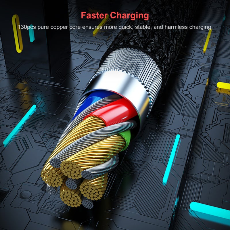 كابل شحن USB 3 في 1: سلك منسوج من القطن النقي الأزرق بطول 3.9 قدم، 130 نواة من النحاس النقي، شحن متزامن لـ3 أجهزة - سلك شحن متعدد بموصلات Type C و Micro USB للاستخدام في المنزل والمكتب والسفر - Image 3