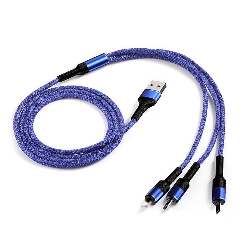 كابل شحن USB 3 في 1: سلك منسوج من القطن النقي الأزرق بطول 3.9 قدم، 130 نواة من النحاس النقي، شحن متزامن لـ3 أجهزة - سلك شحن متعدد بموصلات Type C و Micro USB للاستخدام في المنزل والمكتب والسفر - Image 1