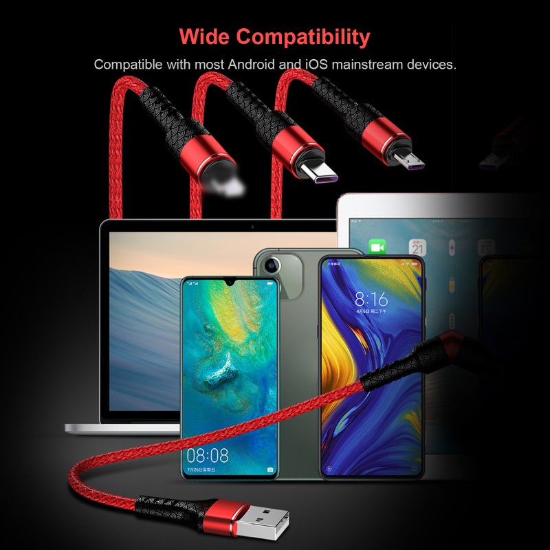 كابل شحن USB 3 في 1: سلك منسوج من القطن النقي الأزرق بطول 3.9 قدم، 130 نواة من النحاس النقي، شحن متزامن لـ3 أجهزة - سلك شحن متعدد بموصلات Type C و Micro USB للاستخدام في المنزل والمكتب والسفر - Image 4