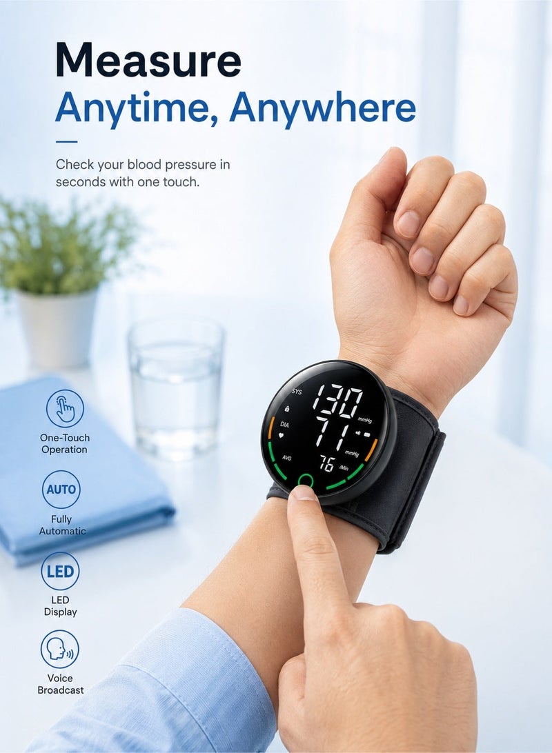 WHO Wrist-Style Electronic Blood Pressure Monitor, Fully Automatic for Home Use, LED Screen Display, Voice Broadcast, Dual-User 99-Set Data Storage, Digital Blood Pressure Monitor, Suitable for Home Use, Simple and Easy to Operate, Black. - Image 2