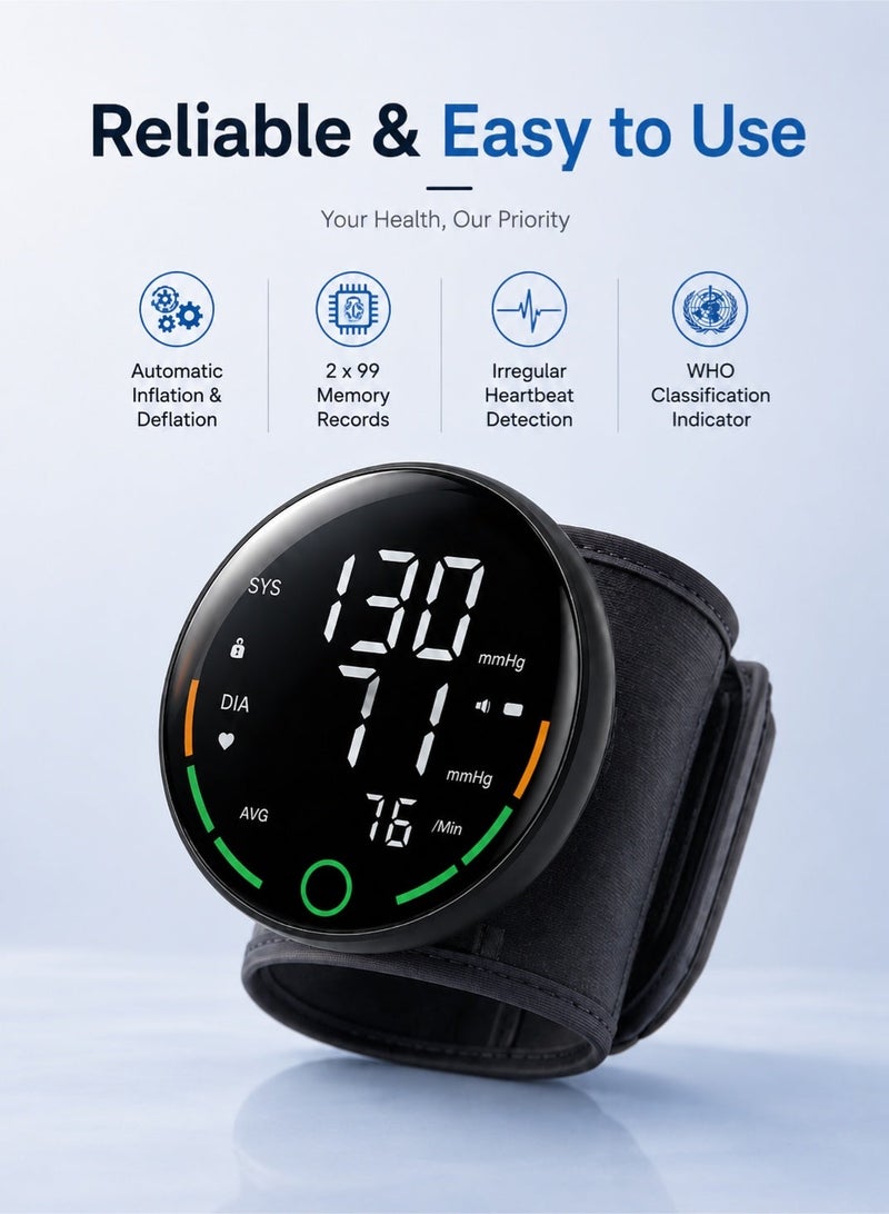 WHO Wrist-Style Electronic Blood Pressure Monitor, Fully Automatic for Home Use, LED Screen Display, Voice Broadcast, Dual-User 99-Set Data Storage, Digital Blood Pressure Monitor, Suitable for Home Use, Simple and Easy to Operate, Black. - Image 3