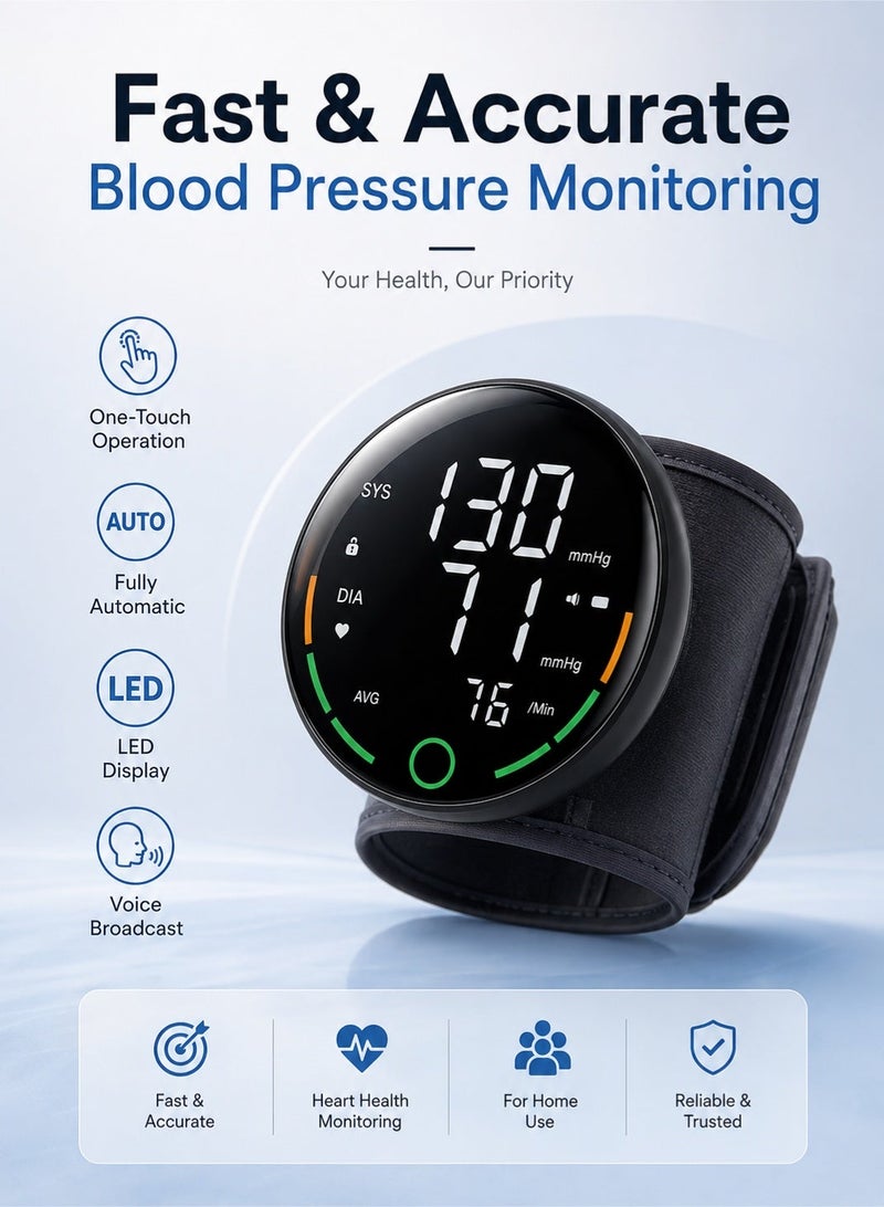 WHO Wrist-Style Electronic Blood Pressure Monitor, Fully Automatic for Home Use, LED Screen Display, Voice Broadcast, Dual-User 99-Set Data Storage, Digital Blood Pressure Monitor, Suitable for Home Use, Simple and Easy to Operate, Black. - Image 1