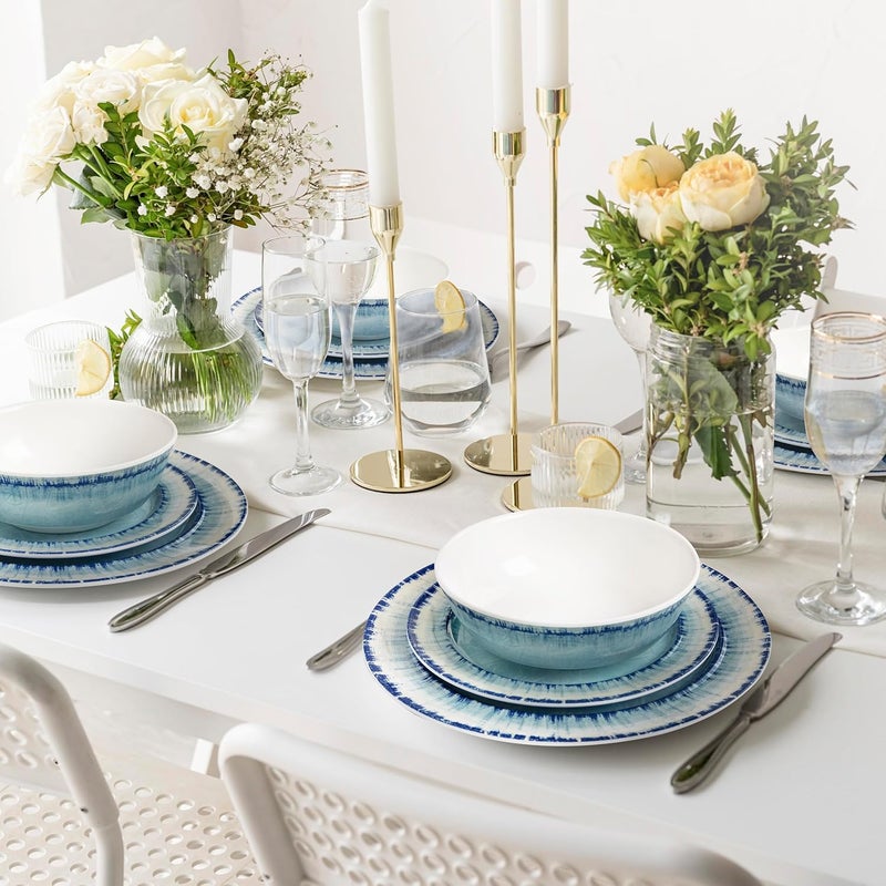 AELS مجموعة أطباق الميلامين من مكونة من 12 قطعة من أطباق العشاء للاستخدام الداخلي والخارجي، آمنة للغسالة، خفيفة الوزن غير قابلة للكسر، خالية من BPA، لون أزرق فاتح - Image 5