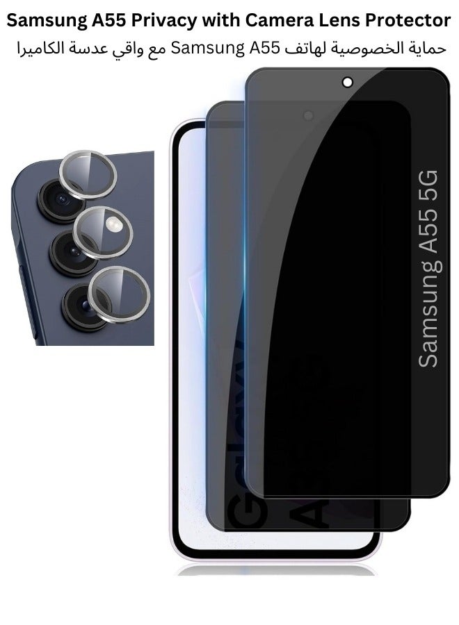 BORTONY Samsung Galaxy A55 5G Privacy Tempered Glass 9H Hardness Anti Spy Tempered Glass Anti-Scratch Pack of 2 Privacy Screen Protectors and 2 Pieces Camera Protection For Samsung Galaxy A55 5G - Image 1