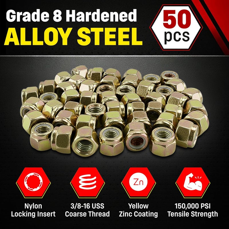 Chenango Supply 3/8-16 USS Nylon Insert Lock Nuts, Grade 8, Qty 50 Pieces (Nylock) (3/8-16 Nylock) - Image 4