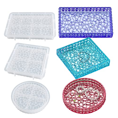 Wehous 3PCS Diamond Resin Tray Mold with Edges, Silicone Tray Molds for Resin Casting, Square Rectangle Round Epoxy Mold DIY Jewelry Plate Box Candle Holder Container Art Craft Making Supplies - Image 1