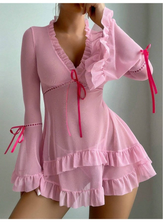 Women's Sheer Mesh Babydoll Nightgown, Long Flare Sleeve Ruffle Trim V-Neck Sleepwear Dress with Ribbon Detail - Image 1