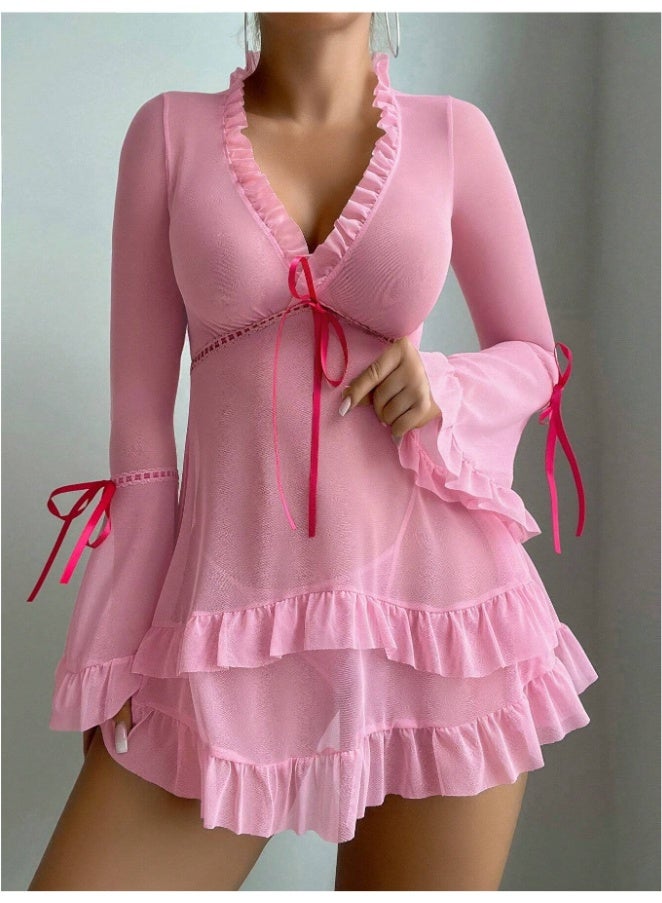 Women's Sheer Mesh Babydoll Nightgown, Long Flare Sleeve Ruffle Trim V-Neck Sleepwear Dress with Ribbon Detail - Image 4