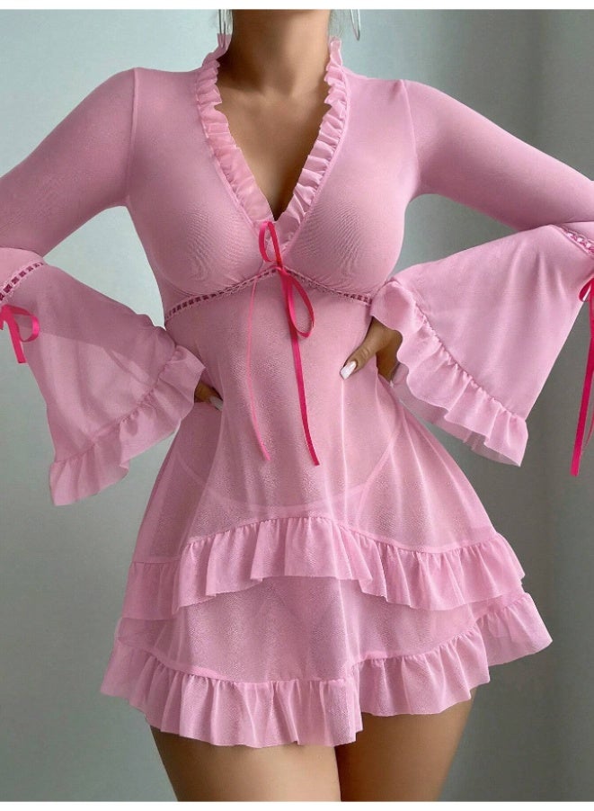 Women's Sheer Mesh Babydoll Nightgown, Long Flare Sleeve Ruffle Trim V-Neck Sleepwear Dress with Ribbon Detail - Image 5