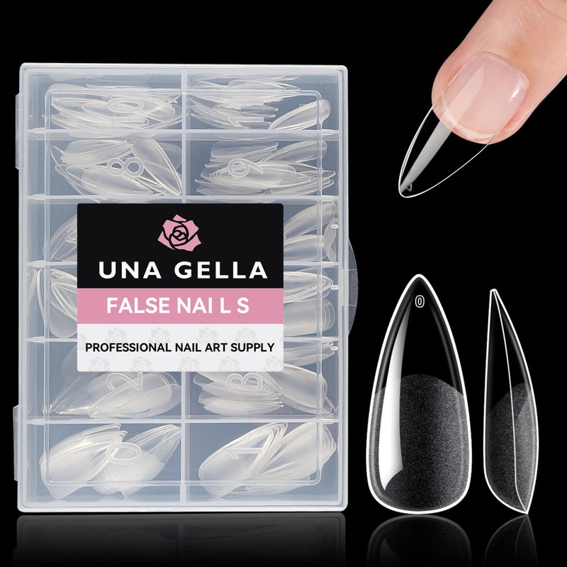 UNA GELLA نصائح أظافر جيل ستيلتو متوسطة تغطي كامل 216 قطعة أظافر على شكل لوز نصائح ستيلتو مسبقة النقش أظافر جيل ناعمة شفافة مزيفة للأظافر المنزلية صالون 12 حجم