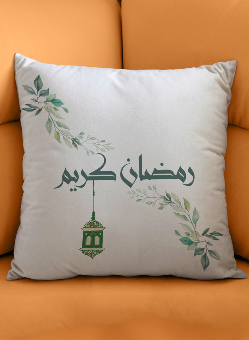 لوحة غطاء وسادة من البوليستر بتصميم رمضان كريم مع أوراق نباتية وفانوس رمضان - Image 3