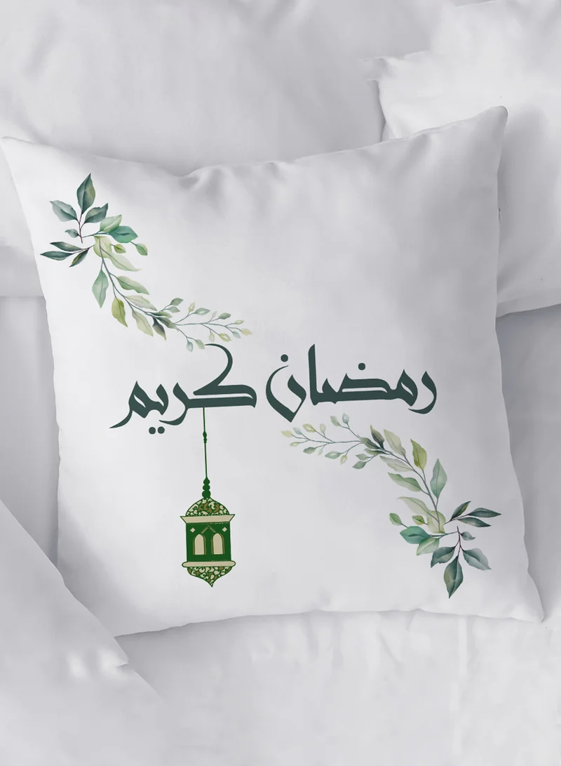 لوحة غطاء وسادة من البوليستر بتصميم رمضان كريم مع أوراق نباتية وفانوس رمضان