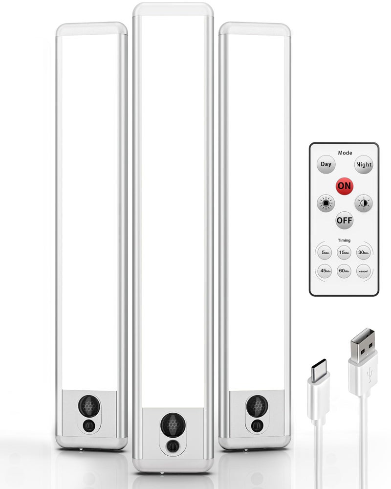 EZVALO Under Cabinet Lights, LED Closet Lights Wireless USB Charging, Motion Sensor Lighting Indoor 5700K dimmable with Remote Control (White) 3 Pack - Image 1