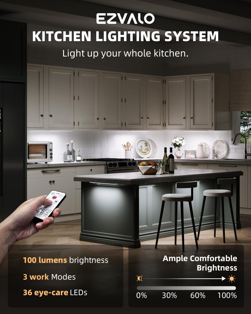 EZVALO Under Cabinet Lights, LED Closet Lights Wireless USB Charging, Motion Sensor Lighting Indoor 5700K dimmable with Remote Control (White) 3 Pack - Image 4