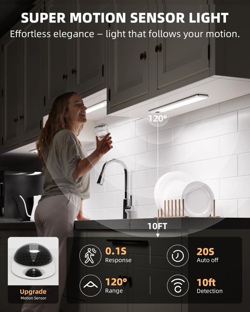 EZVALO Under Cabinet Lights, LED Closet Lights Wireless USB Charging, Motion Sensor Lighting Indoor 5700K dimmable with Remote Control (White) 3 Pack - Image 3