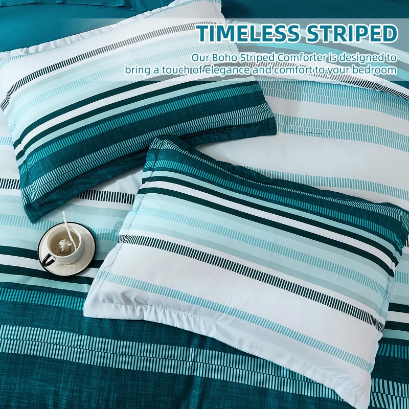 DOBUYLY TEAL King Size Size Comforter مجموعة 7 قطع سرير أزرق بوهو مخطط في حقيبة الألياف الدقيقة الناعمة في كل موسم الفراش مع أغطية الأغطية المعززة و shams - Image 5