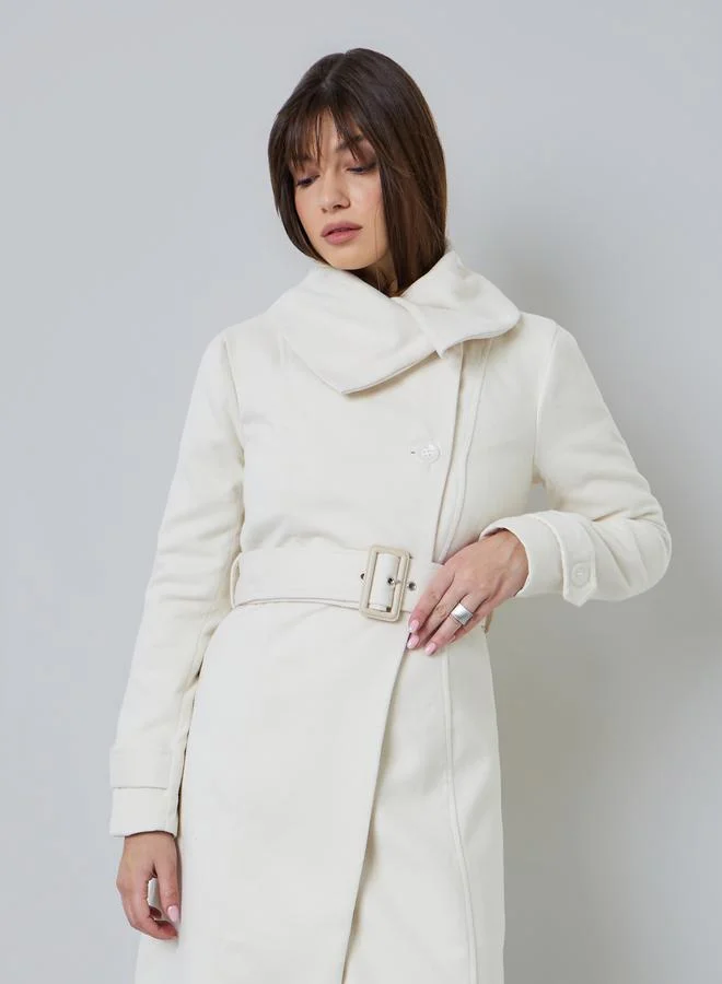 Styli Cream Regular Fit Belted Wool-Like Coat
