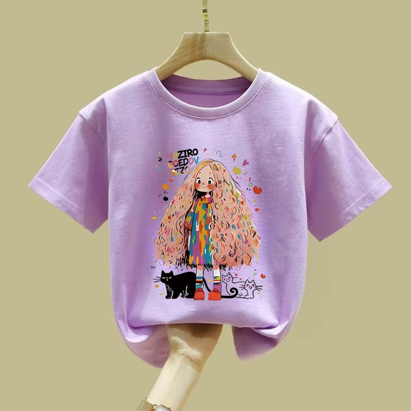Pink Short-Sleeved Girls' T-Shirt Pure Cotton Style Large-Size Loose Half-Sleeved Summer Children'S Top T-Shirt - Image 1