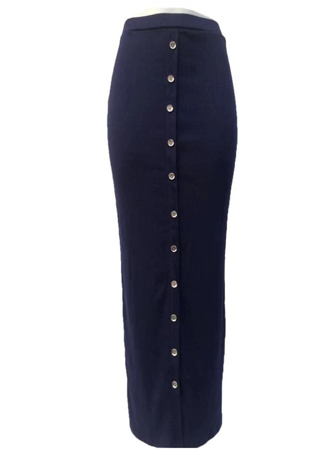 Loquat Breasted Solid Color Skirt Navy Blue  - Image 2