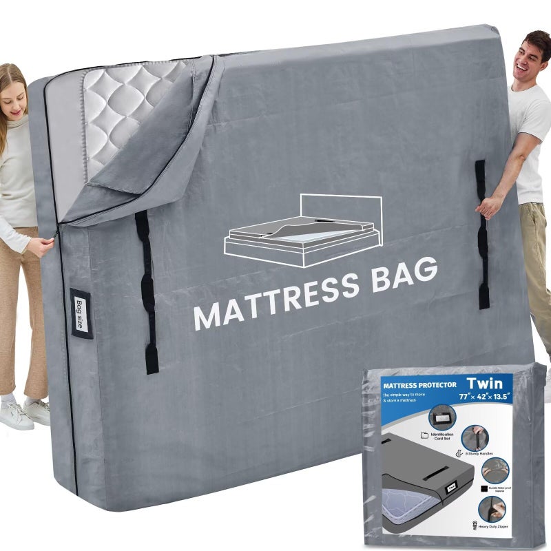 BETU Mattress Bags for Moving and Storage, BETU Twin Mattress Protector Waterproof Mattress Cover with 8 Heavy Duty Handles and Zipper Extra Thick Moving Supplies for Dorm Bed Reusable (77x42x13.5 Grey) - Image 1