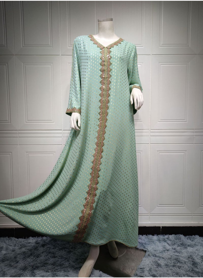ShineShe - Stylish Light Green Gold Stamped Muslim Dubai abaya Jalabiya - Image 1