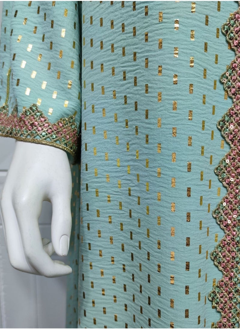 ShineShe - Stylish Light Green Gold Stamped Muslim Dubai abaya Jalabiya - Image 1